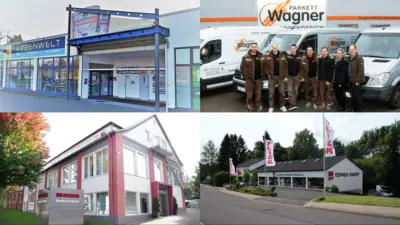 Die Abbildung zeigt verschiedene Standorte von Dein Fachhandel. Zu sehen sind moderne Firmengebäude, Mitarbeiterteams und Unternehmensfahrzeuge vor den Gebäuden. Diese Collage vermittelt einen professionellen und einladenden Eindruck der vielfältigen Fachhandels-Standorte.
