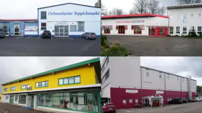 Standorte von Dein Fachhandel Über uns2 Das Bild zeigt vier verschiedene Fachhandelsstandorte mit markanter Fassadengestaltung. Zu sehen sind die Außenansichten von Gebäuden in unterschiedlichen Farben und Architekturstilen, die das breite Filialnetzwerk von Dein Fachhandel repräsentieren. Jede Filiale verfügt über gut erkennbare Eingangsbereiche und großzügige Parkmöglichkeiten.